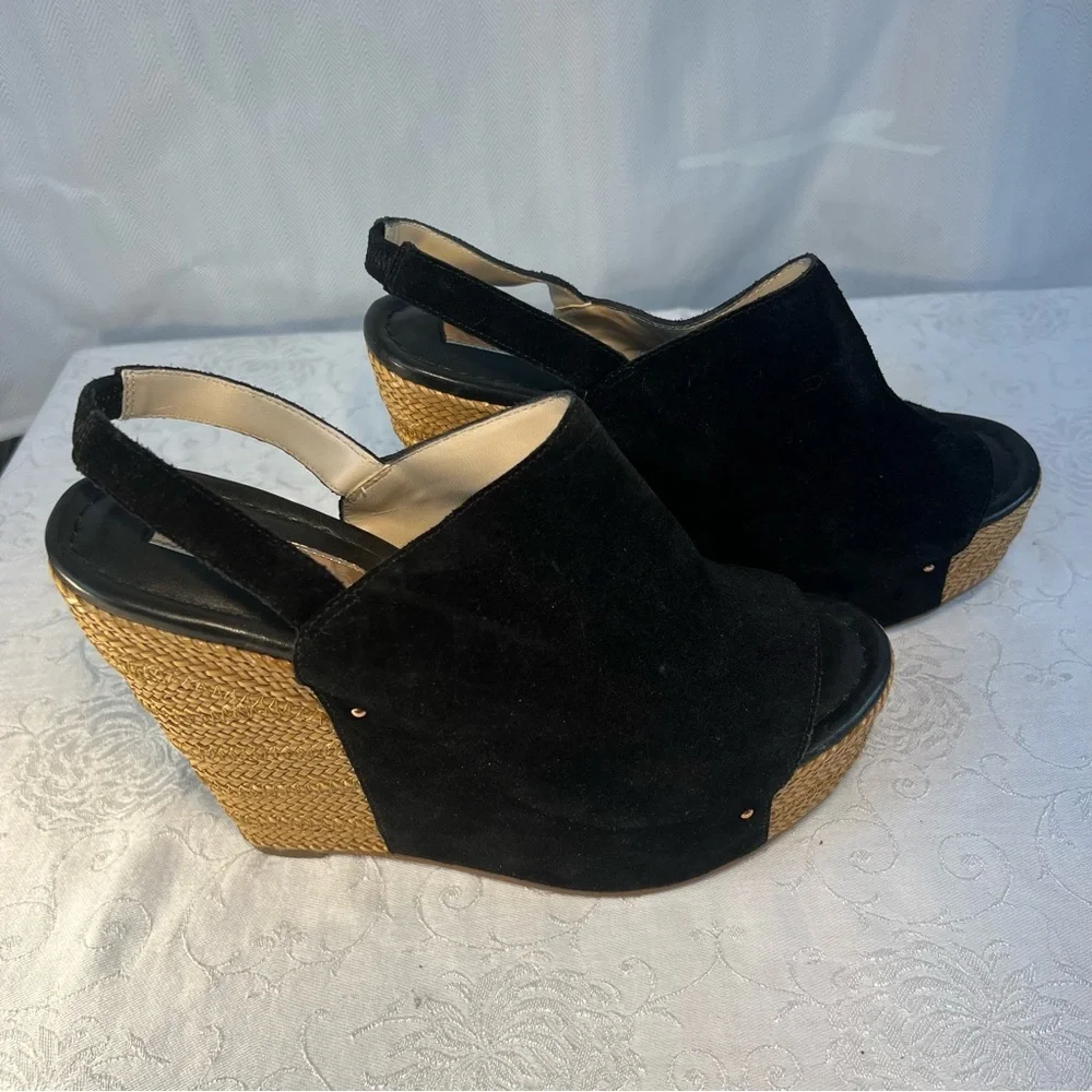 Rose Gold Shoes Lars Black Suede Peep Toe Woven 5” Wedge Heel Strap 37.5/7